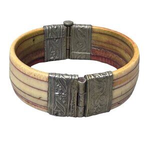 Vintage Antique Asian Bone Bangle Bracelet w Hinged Silver-Tone Clasp Safety Pin